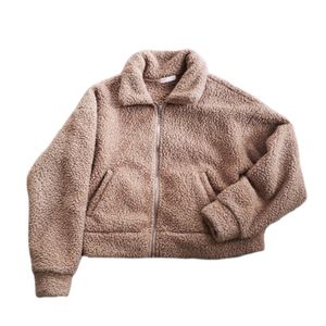 Neutral Camel Sherpa Minimalist ROMWE Zip Up Long Sleeve Teddy Jacket